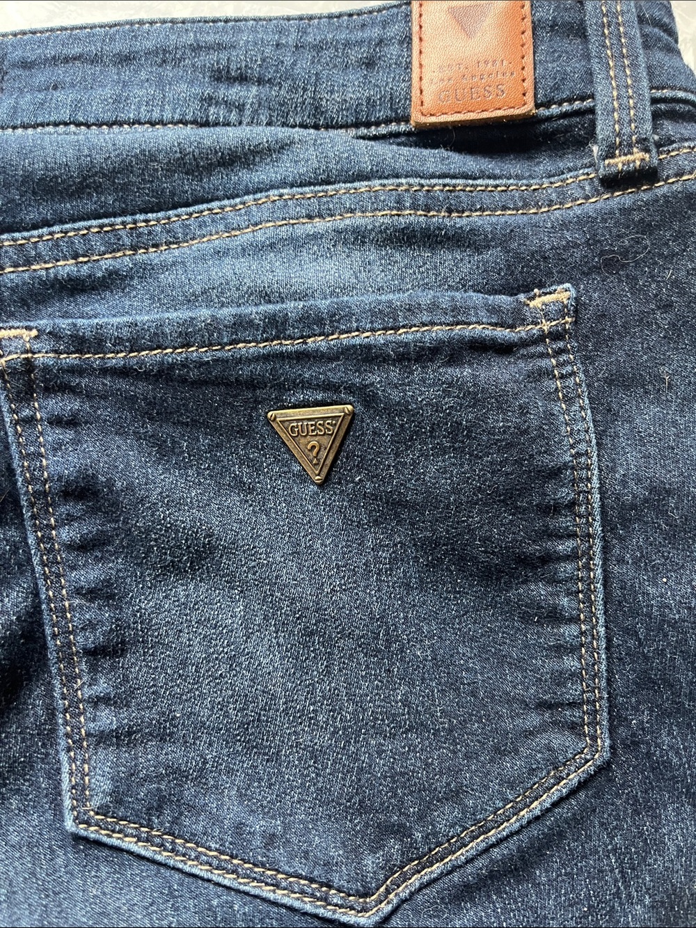 GUESS Dark Blue Denim Skinny Jeans with Brown Stitching Accents